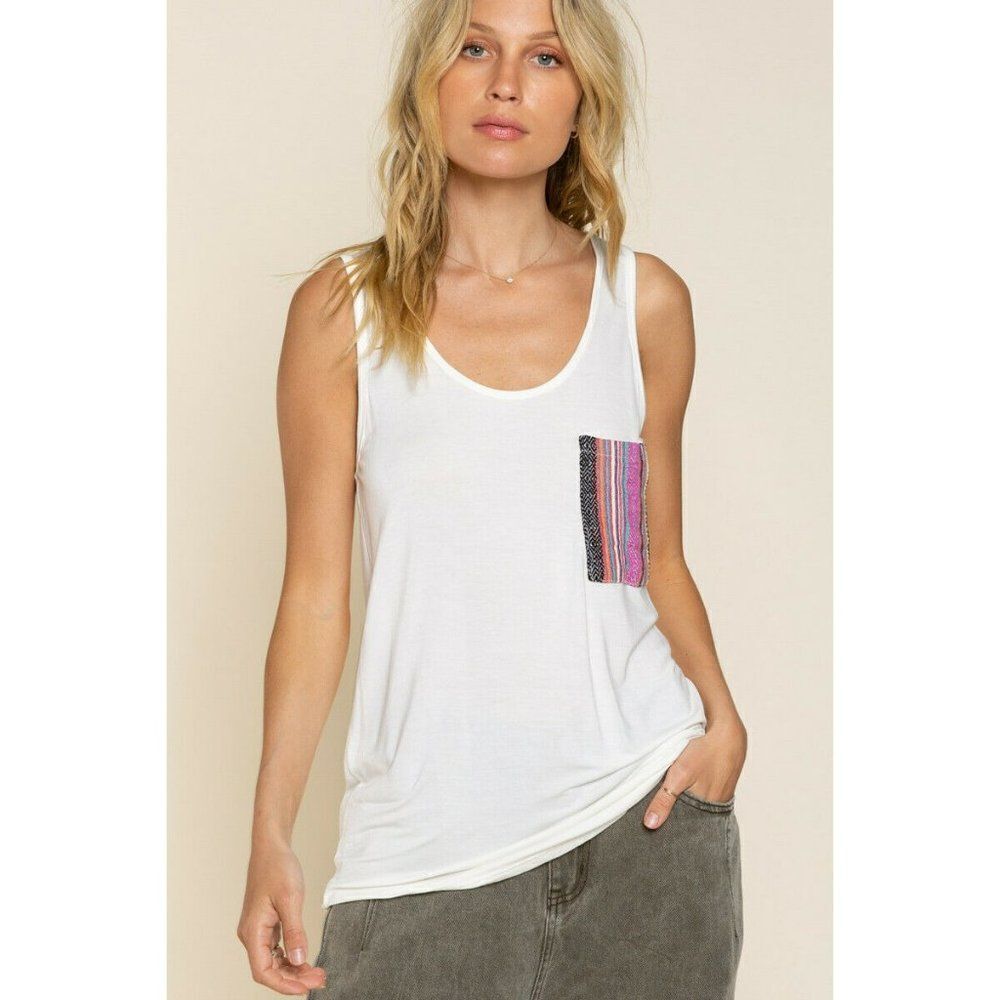 POL CLOTHING Ivory Hem Tank Top Front Tribal Pocket Sarape Detail Summer Spring - Picture 2 of 6